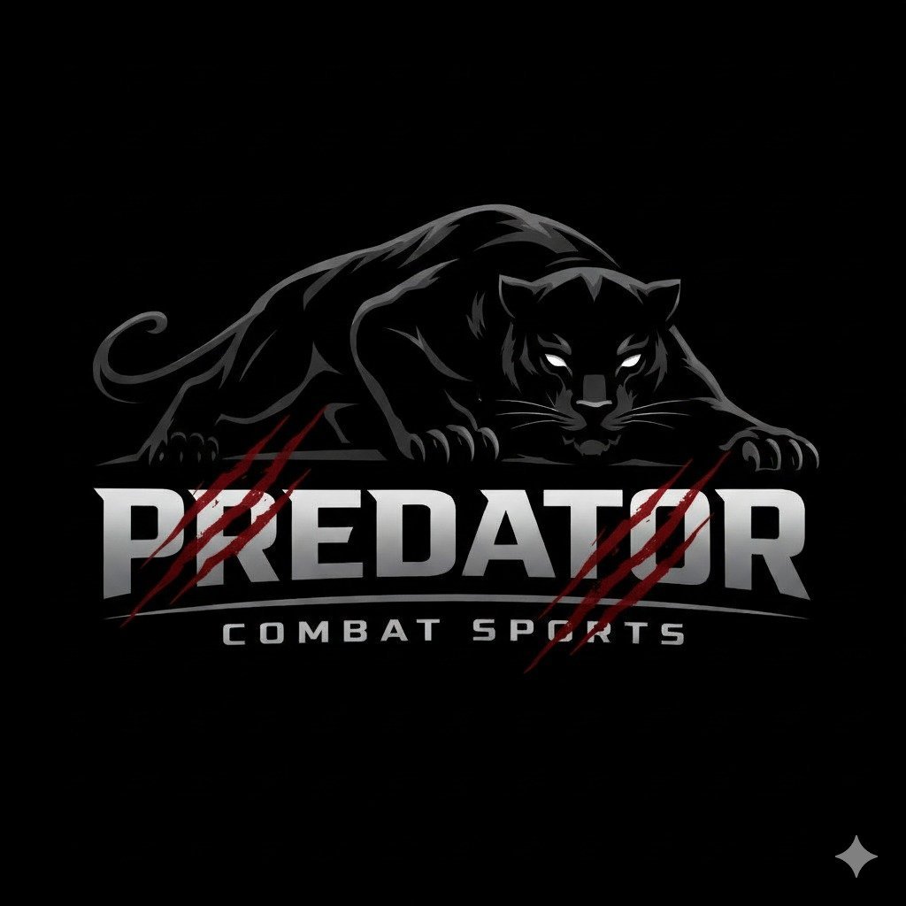 Predator Combat Sports logo featuring a black panther leaping over text with red claw marks on black background